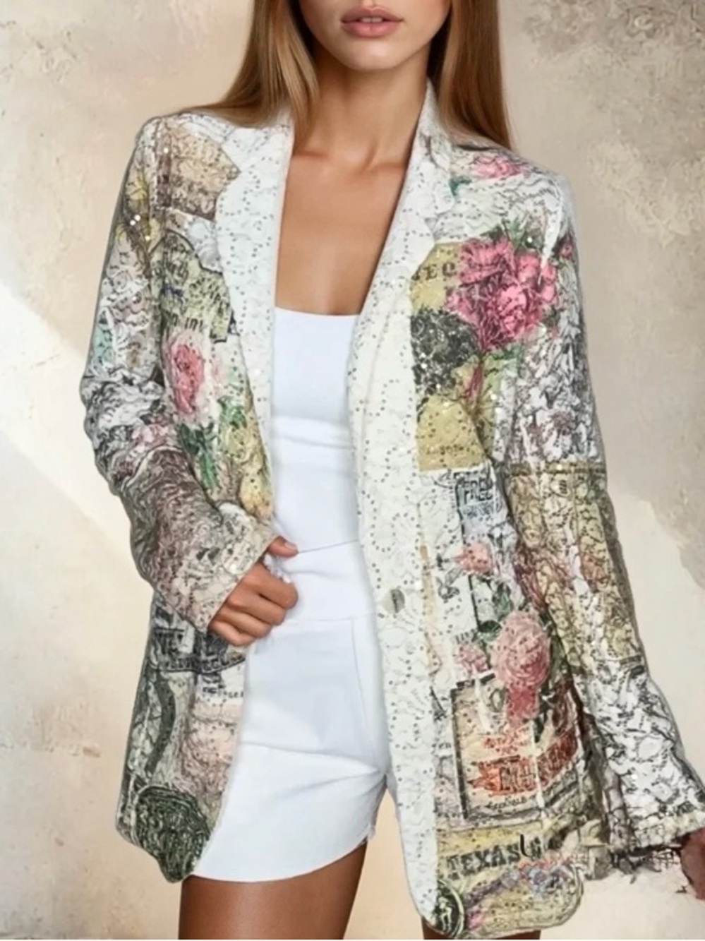 Floral Print Open-Front Blazer in Ivory and Multicolor